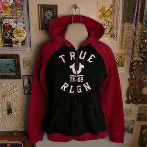 True Religion Graphic Zip Up Hoodie Sweatshirt Women's Medium Black Red Logo
